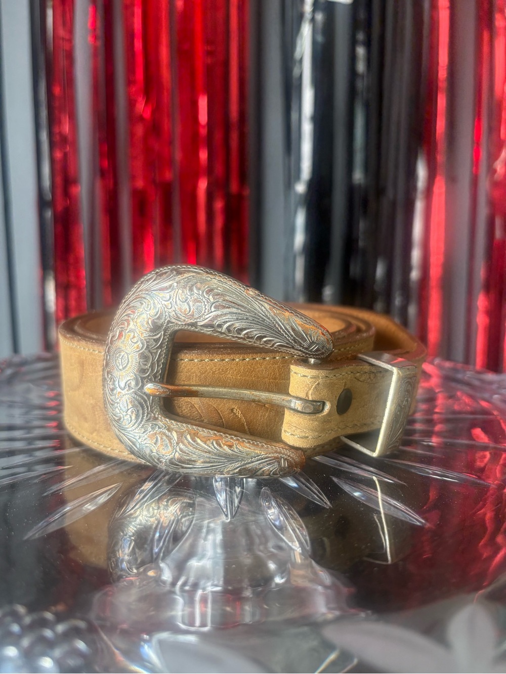 Tan Leather Belt with Ornate Silver Gold Buckle